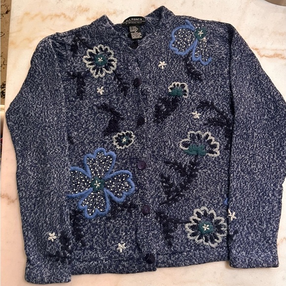 All Points Women’s Blue Knit Embellished Floral Button Front Cardigan   Size M. - Picture 1 of 8
